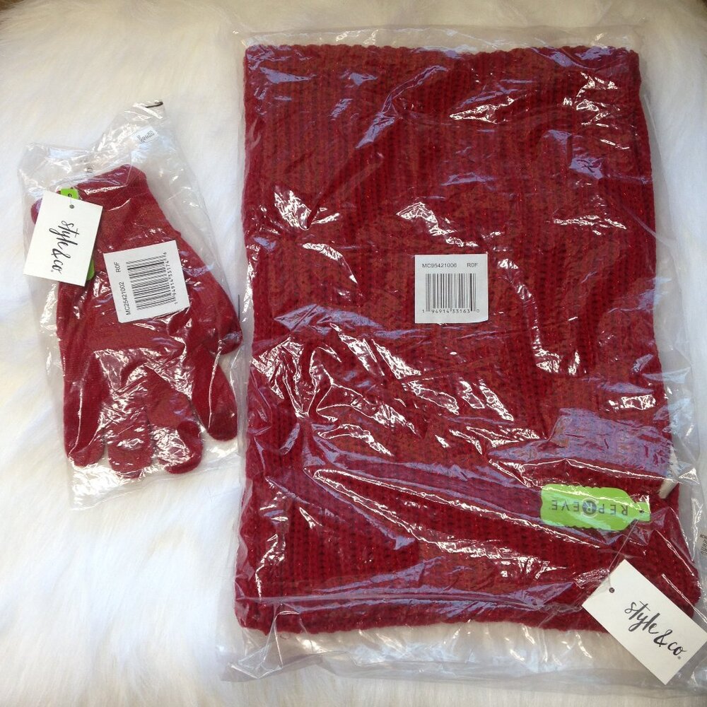 Style & Co. Sparkly Gloves and Winter Muffler Scarf Red NWT